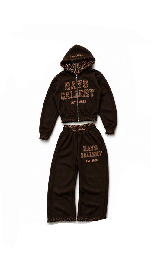 Rays Gallery Leopard Print Distressed Sweat Suit (brown).