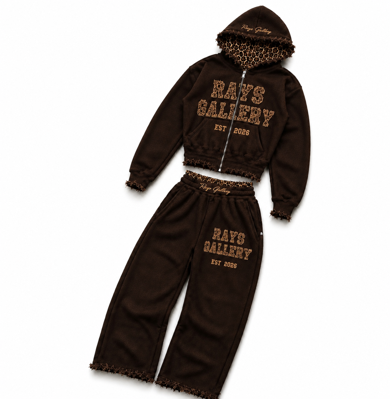 Rays Gallery Leopard Print Distressed Sweat Suit (brown).